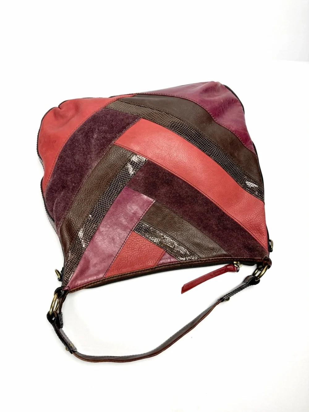 Fossil Patchwork Leather Hobo Bag Multicolor Brown Red Boho Key Charm Vintage